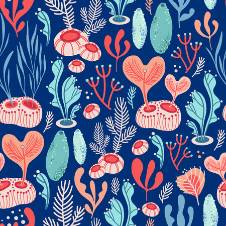 Vector seamless pattern on blue background with seaweed, sea sponges and corals. Abstract illustration with floral elements. Natural design.