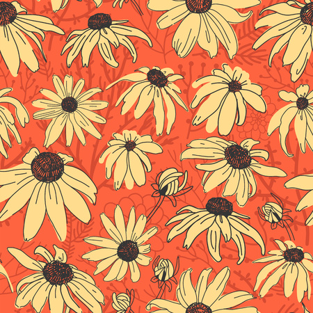 Vector seamless pattern on red. Floral background with flowers elements. Natural design.のイラスト素材