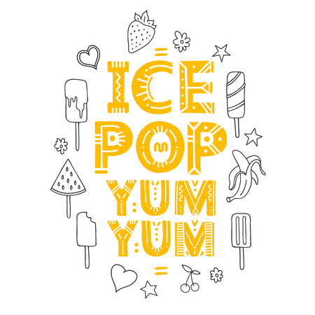 Ice Pop. Vector Illustration with brush calligraphy vectors for your design. Handwritten ink lettering on white background.のイラスト素材