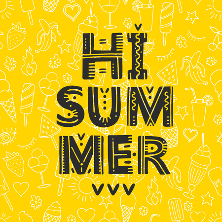 Hi Summer. Vector Illustration with brush calligraphy vectors for your design. Handwritten ink lettering on yellow background.のイラスト素材