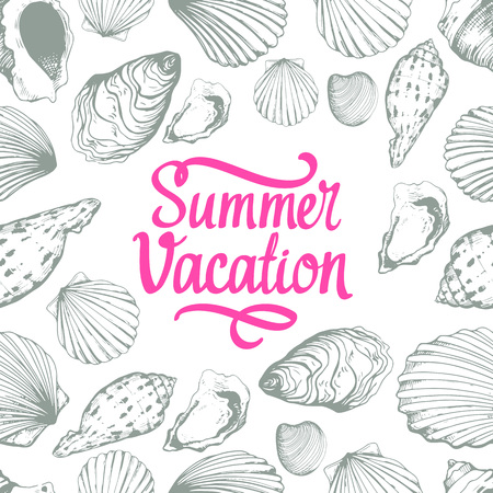Seamless pattern. Vector Illustration of handdrawn seashells in sketch style on white background. Beach design.のイラスト素材