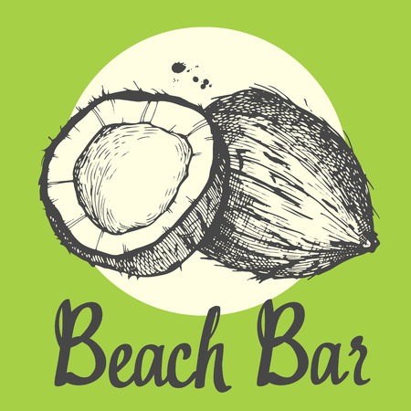 Travel vector illustration with air coconut in sketch style on green background. Brush calligraphy elements for your design. Handwritten ink lettering.のイラスト素材