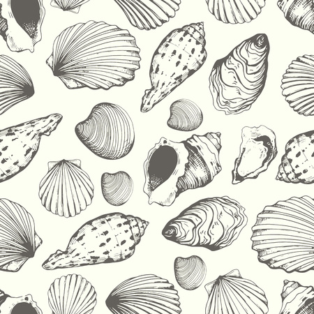 Seamless pattern. Vector Illustration of handdrawn seashells in sketch style on white background. Beach design.のイラスト素材