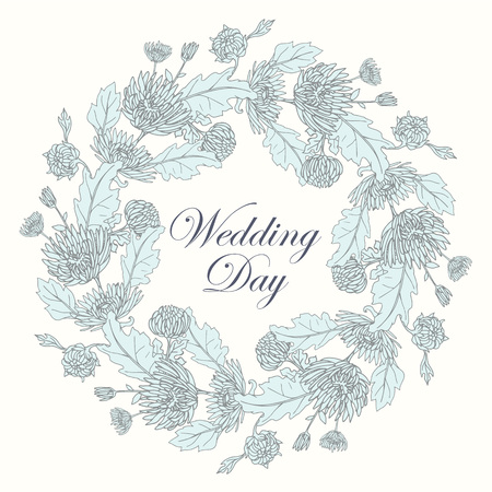 Wreath with chrysanthemums in sketch style. Beautiful flowers decoration. For Wedding day.のイラスト素材