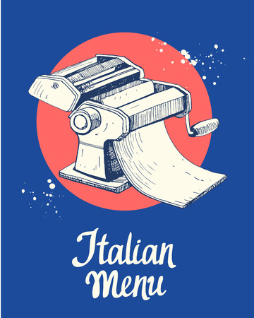 Vector illustration with pasta machine. Sketch design. Italian homemade traditional food.のイラスト素材