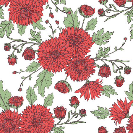 Seamless background with chrysanthemums in sketch style. Beautiful flowers pattern.のイラスト素材