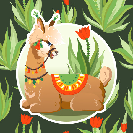 Illustration with llama and cactus plants. Vector seamless pattern on botanical background. Greeting card with Alpaca.のイラスト素材