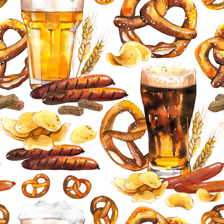 Seamless background with beer and snacks in watercolor style. Illustration hand-drawn pattern on white. Traditional oktoberfest food. Pub menu.の写真素材