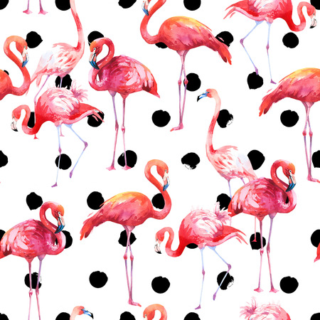 Watercolor seamless pattern on white background. Illustration with pink flamingo and tropical plants. Paradise bird.の写真素材