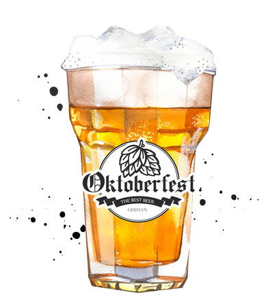 Oktoberfest. Watercolor  with glass of lager in picturesque style for bar.の写真素材