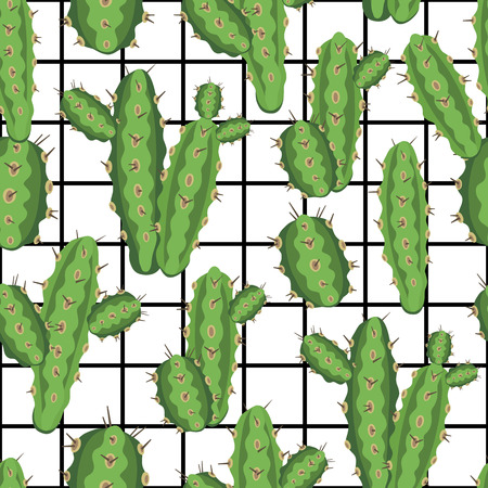 botanical illustration with Peruvian cactus. Vector seamless pattern on black and white geometric background. Summer plants.のイラスト素材