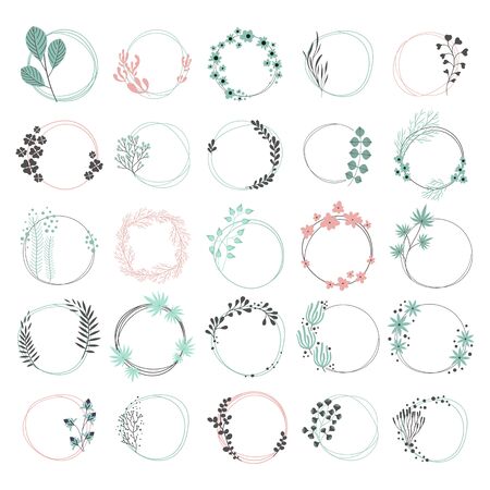 Wreath set. Vector floral illustration with branches, berries and leaves. Nature frame on white background.のイラスト素材