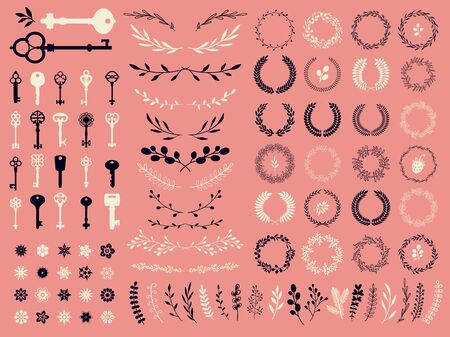 Vector illustration with design elements for decoration. Big silhouettes set of keys, wreaths, boarders, branch on pink background. Vintage style.のイラスト素材
