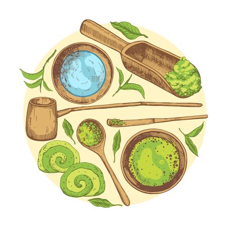 Matcha vector illustration with food and drink sketch. Round compositions. Japaneese ethnic and national tea ceremony. Traditions of teatime. Decorative elements for your design.のイラスト素材