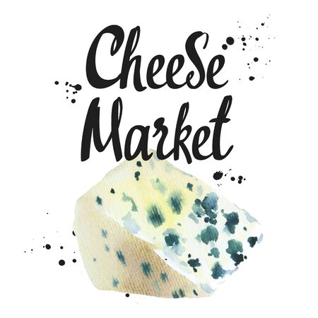 Watercolor illustrations with noble cheeses: blue, roquefort. Snack bar. Farm dairy products. Fresh organic food.の写真素材
