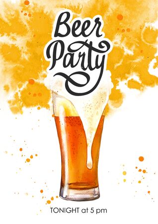 Beer party poster. Watercolor illustration with glass of lager in picturesque style for bar. Drink menu for celebration. Oktoberfest.の写真素材
