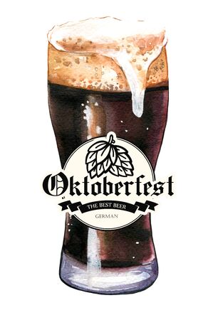 Oktoberfest. Watercolor illustration with glass of stout in picturesque style for bar. Drink menu for celebration. Beer party poster.の写真素材