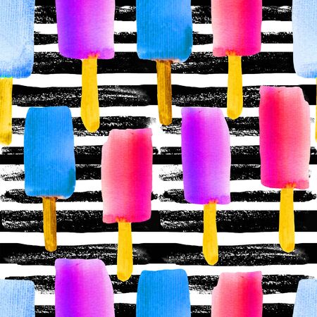 Illustration with ice pop. Colorful watercolor seamless pattern with ice cream on a stick.の写真素材
