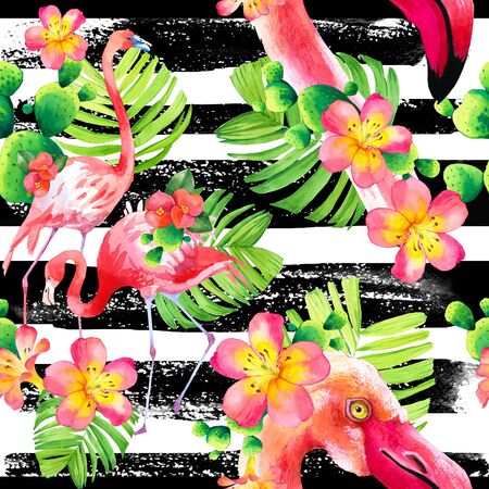 Watercolor seamless pattern on striped background. Illustration with pink flamingo and tropical plants. Paradise bird.の写真素材