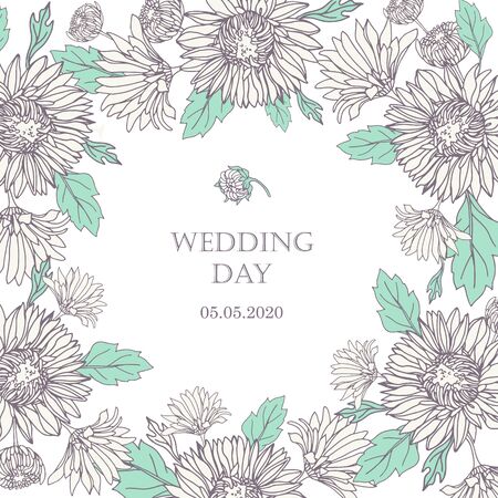 Wreath with chrysanthemums in sketch style.のイラスト素材