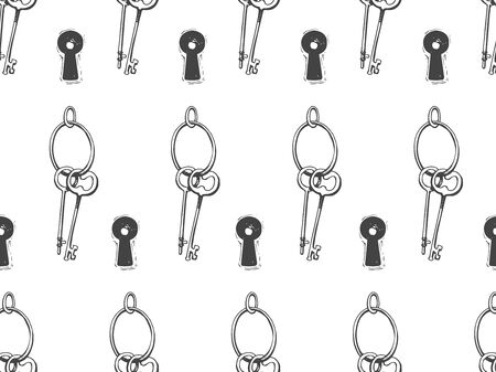Seamless pattern. Vector set of hand-drawn antique keys, keyholes and locks. Illustration in sketch style on white background. Old design.のイラスト素材