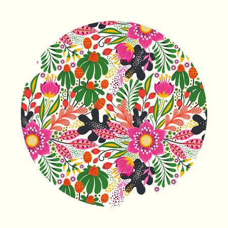 Vector illustration on white with floral circle. Abstract background with flowers and leaves. Natural bright design.のイラスト素材