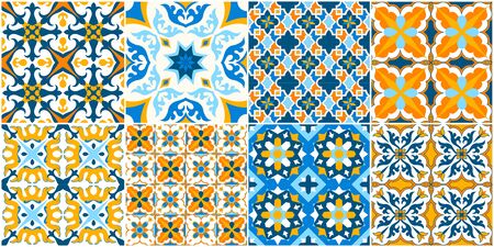 Seamless pattern with portuguese tiles. Vector illustration of Azulejo on white background. Mediterranean style. Multicolor design.のイラスト素材