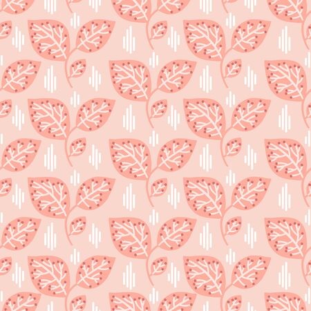Vector seamless pattern on pink color with leaves and branch. Abstract background with floral elements. Natural design.のイラスト素材