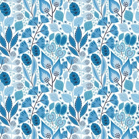 Floral seamless pattern on white. Vector Illustration. Abstract background with flowers and leaves. Natural bright design in blue colors.のイラスト素材