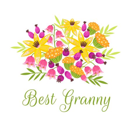 Best Grandma flat vector postcard, greeting card template. Bouquet of flowers for grandmother cartoon illustration. Retirement party, celebration invitation with floral design banner with calligraphyのイラスト素材