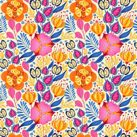 Floral seamless pattern on white. Vector Illustration. Abstract background with flowers and leaves. Natural bright design.のイラスト素材