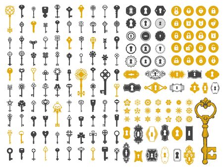 Vector illustration with design elements for decoration. Big silhouettes and icon set of keys, locks, old keyhole on black background. Vintage style.のイラスト素材