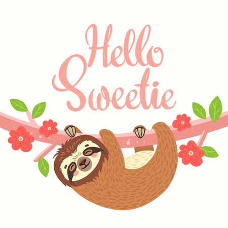 Sleeping sloth on the branch. Vector illustration with bear, leaves, flowers and lettering Hello Sweetie on white background. Greeting card.のイラスト素材