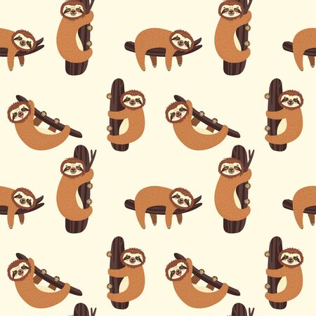 Seamless background with Sloth on the branch. Vector illustration with cute bear on white. Animal pattern.のイラスト素材