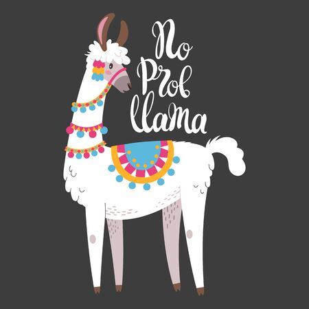 Illustration with llama, composition on black. Vector doodle elements. Greeting card with Alpaca. No prob lama.のイラスト素材