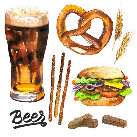 Watercolor Illustration with beer and snack. Glass, pretzel, chips, burger. Oktoberfest traditions.の写真素材