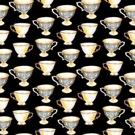 Seamless background. Tea party pattern on black. Watercolor illustration of funny cups. Decorative elements with traditional hot drinks for your packing design. Multicolor decor.の写真素材