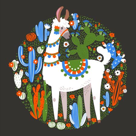 Illustration with llama and cactus plants. Vector seamless pattern on botanical background. Greeting card with Alpaca. Round composition on black.のイラスト素材