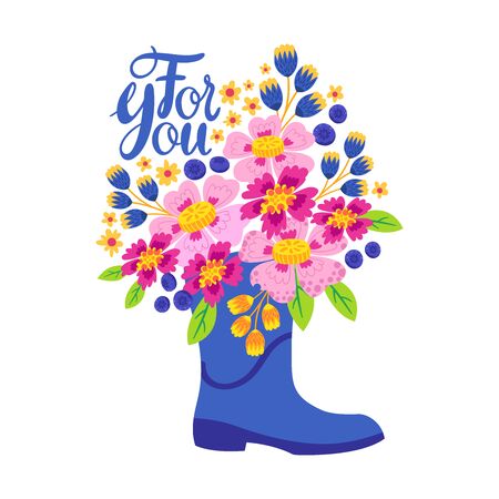 Bouquet of pink flowers in blue boot cartoon illustration.のイラスト素材