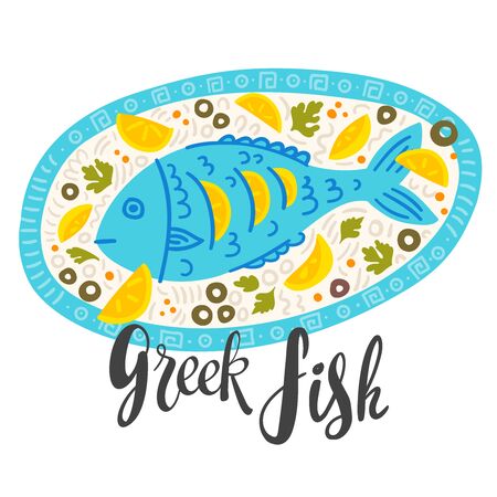 Greek fish cartoon banner vector template. Foodのイラスト素材