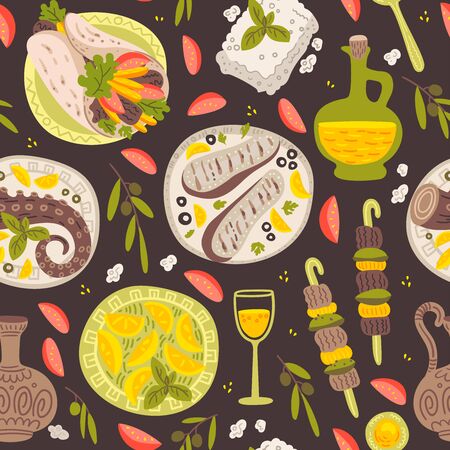 Greek food cartoon  seamless pattern.のイラスト素材