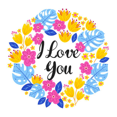 Vector illustration with frame of leaves, flowers and lettering I love you. Floral circle border on black background. Greeting card in tropical style.のイラスト素材