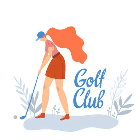 Woman golfer hits the ball with a club on golf course. Vector flat hand drawn illustration. Female athlete playing golf. Girl in sport. T-shirt print design with text space. Cartoon character.のイラスト素材