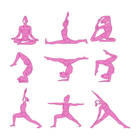 Different yoga poses continuous one line vector illustration.のイラスト素材
