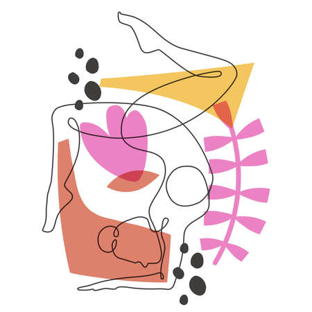 Gymnast improving flexibility continuous one line vector illustration on abstract backgroundのイラスト素材