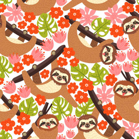 Seamless background with Sloth on the branch. Vector illustration of leaves, flowers and cute bear on white. Floral and animal pattern.のイラスト素材