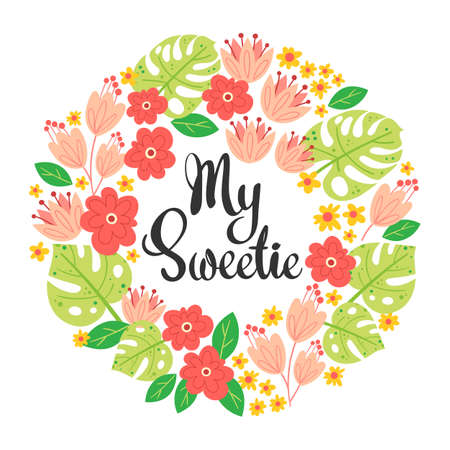 Vector illustration with frame of leaves, flowers and lettering My Sweetie. Floral circle border on black background. Greeting card in tropical style.のイラスト素材