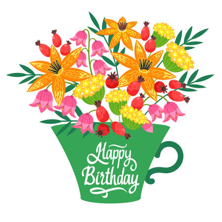 Happy birthday floral, natural postcard, greeting card template.のイラスト素材