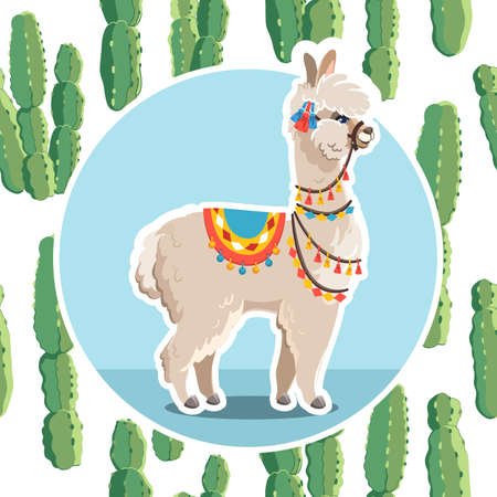 Illustration with llama and cactus plants. Vector seamless pattern on botanical background. Greeting card with Alpaca.のイラスト素材