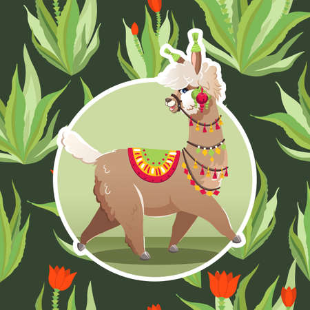 Illustration with llama and cactus plants. Vector seamless pattern on botanical background. Greeting card with Alpaca.のイラスト素材